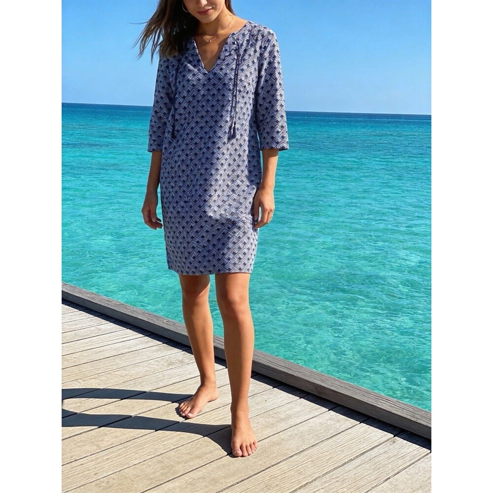 Persifor Dress Women's Large Blue White Shift Tassel Resortwear Vacation Beach